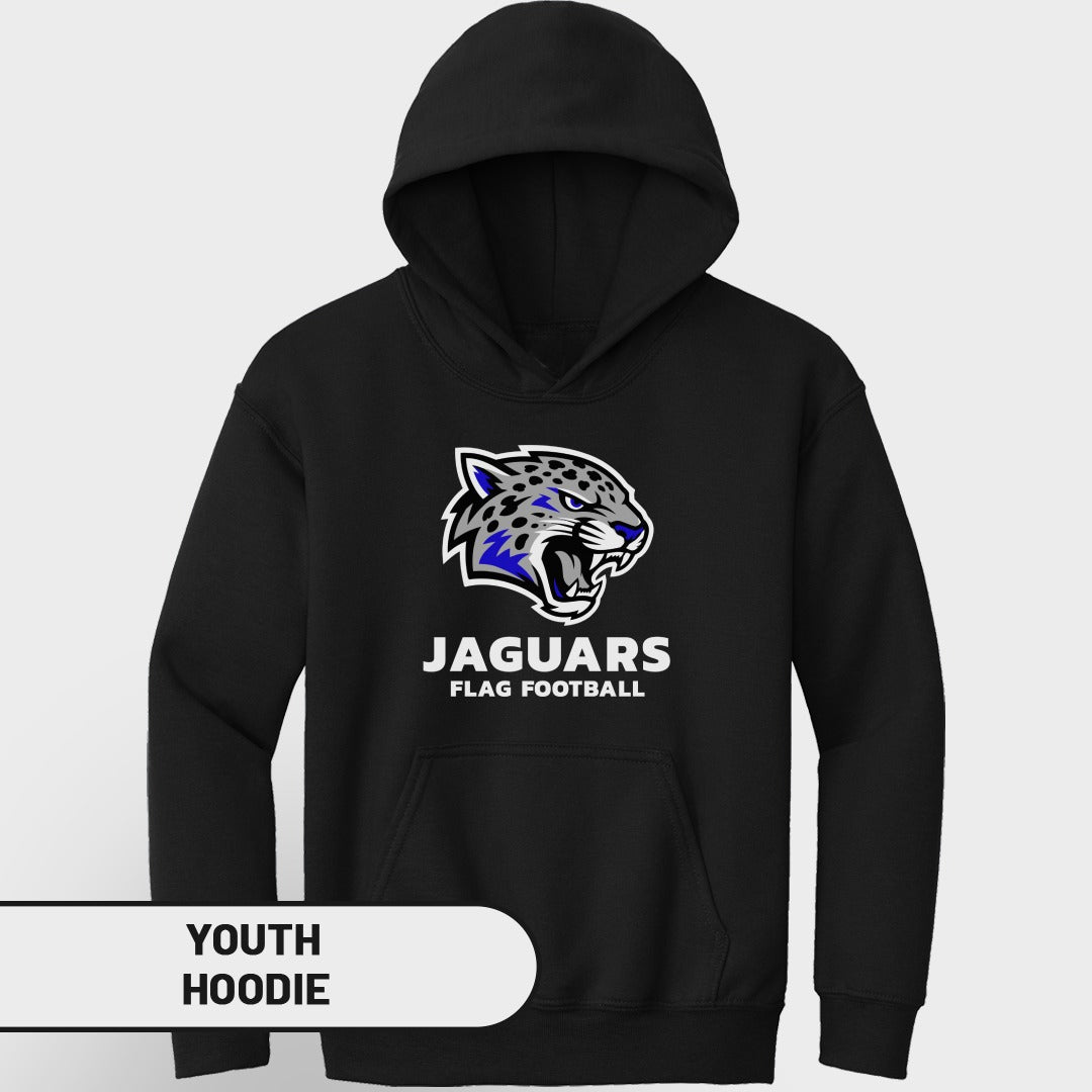 Black youth hoodie with Jaguars flag football logo and text.