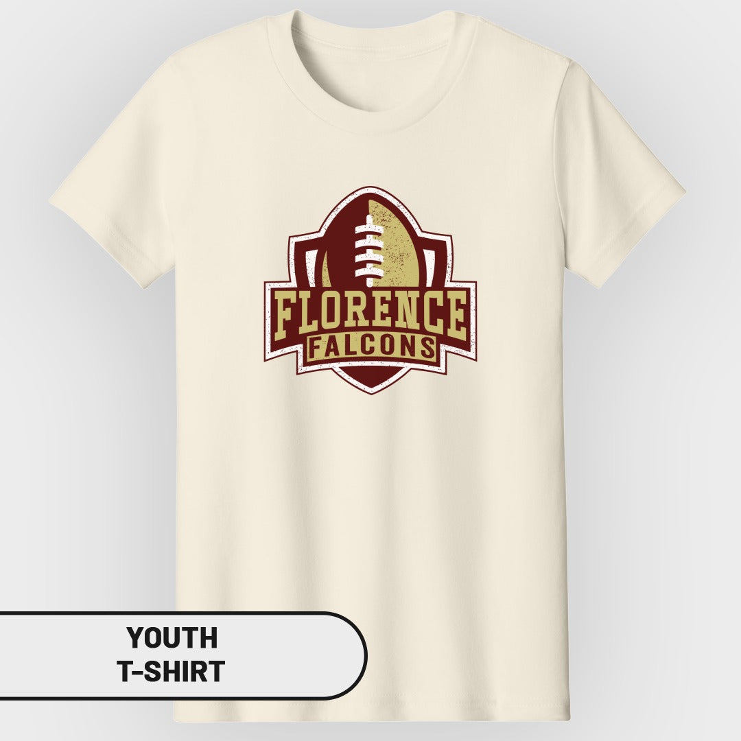 Cream youth t-shirt with Florence Falcons football logo.