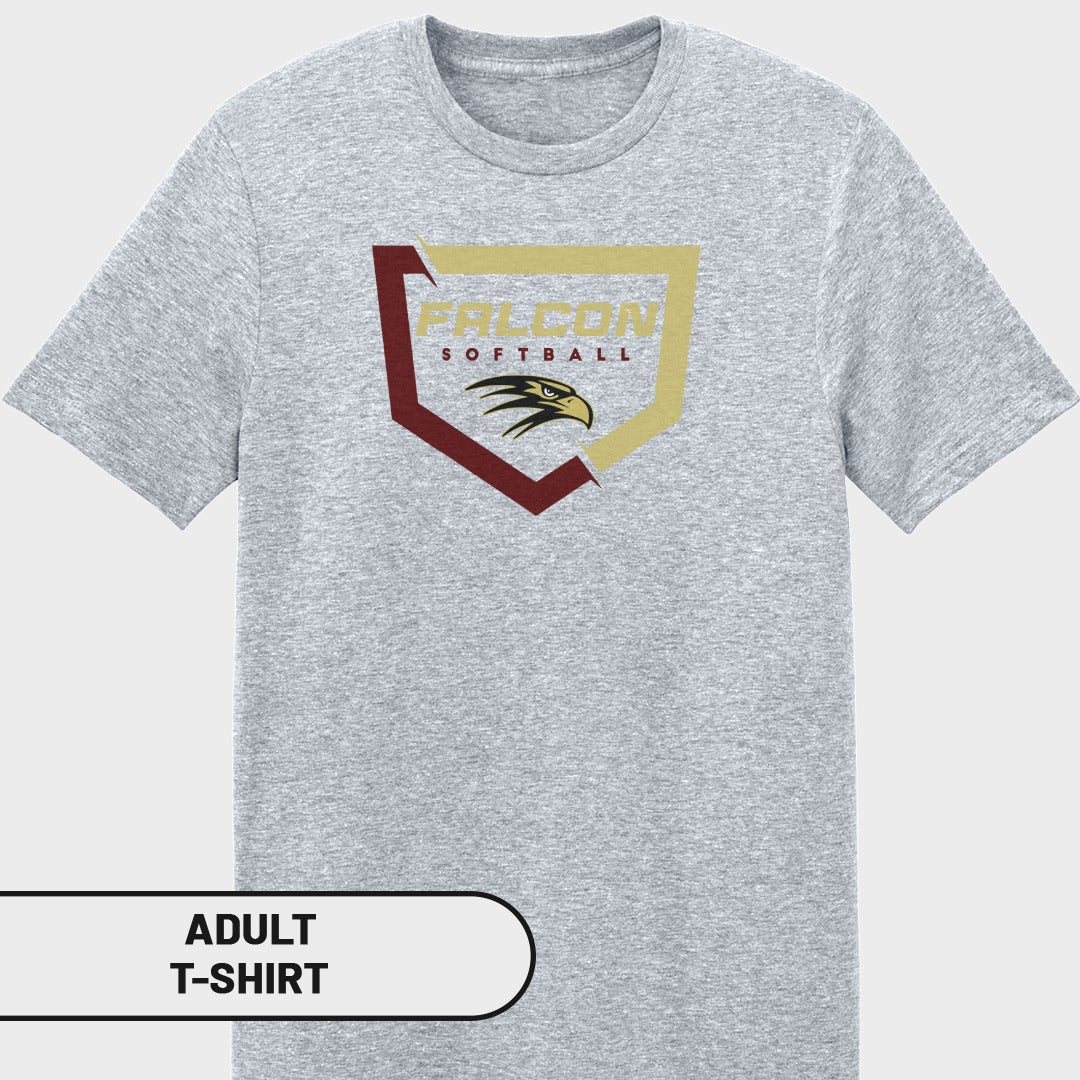 Gray adult t-shirt with "FALCON SOFTBALL" and falcon head logo.
