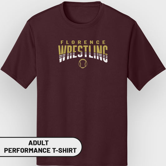 Maroon adult performance t-shirt with "FLORENCE WRESTLING" text and a wrestling icon.