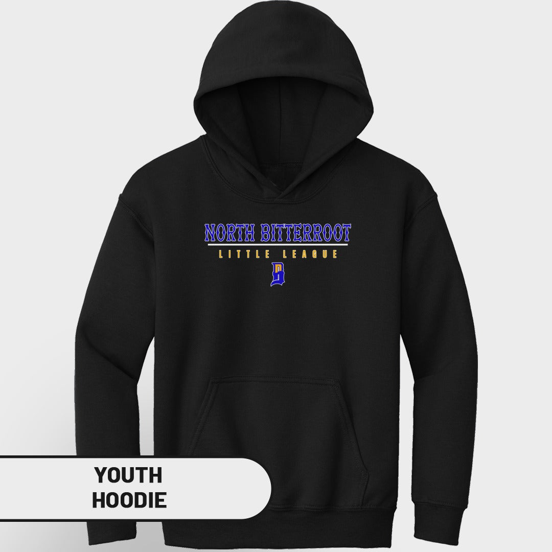 Black youth hoodie with "NORTH BITTERROOT LITTLE LEAGUE" text and logo.