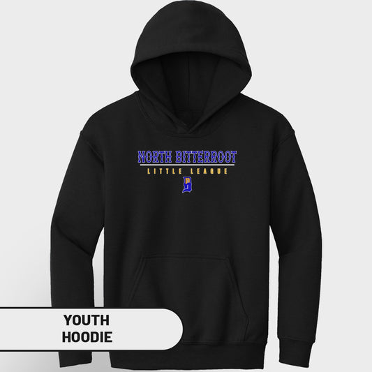 Black youth hoodie with "NORTH BITTERROOT LITTLE LEAGUE" text and logo.