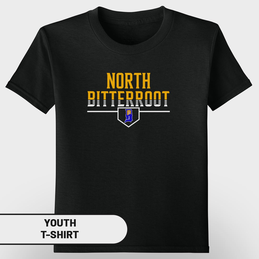 Black youth t-shirt with "NORTH BITTERROOT" text logo.