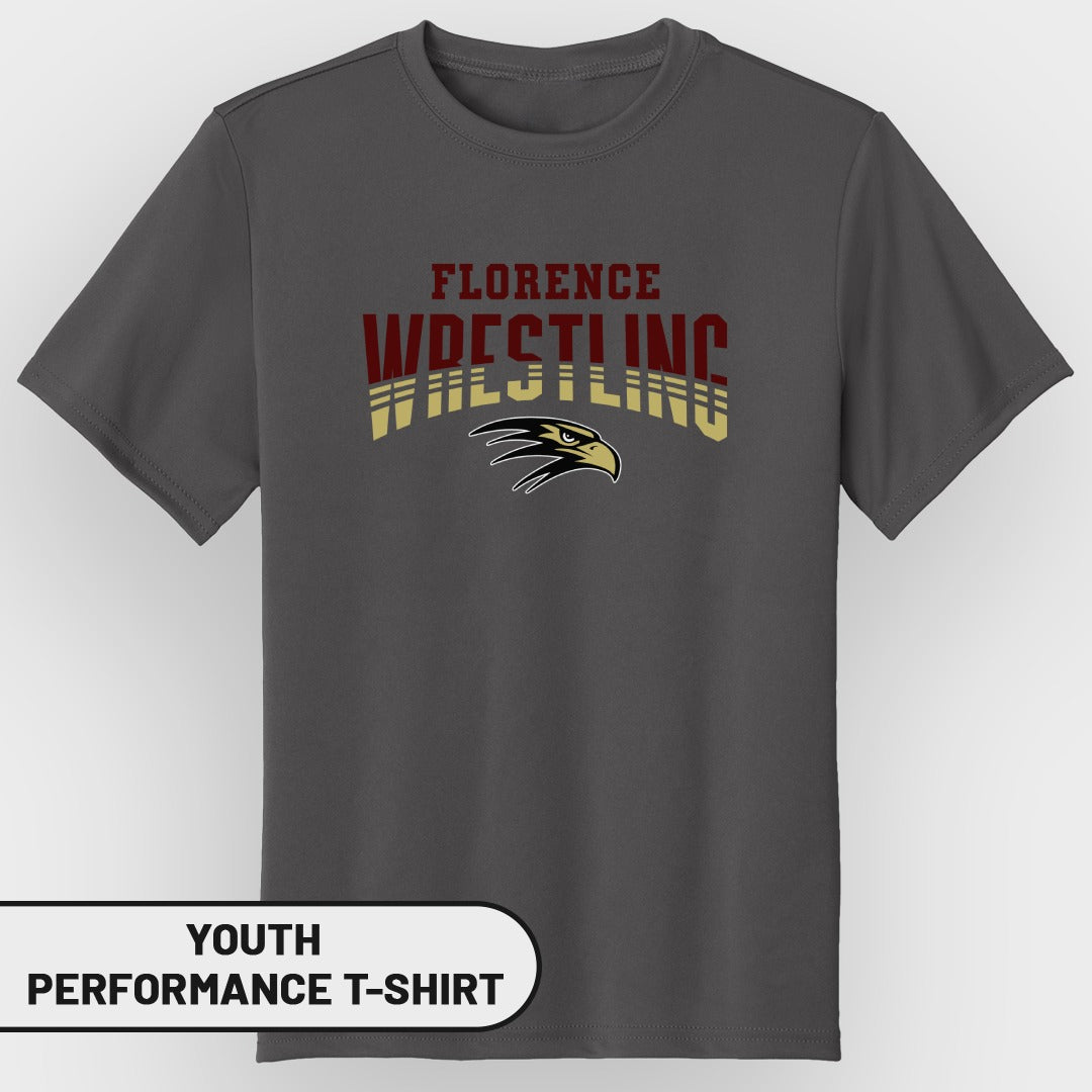 Gray youth performance t-shirt with "Florence Wrestling" text and eagle graphic.