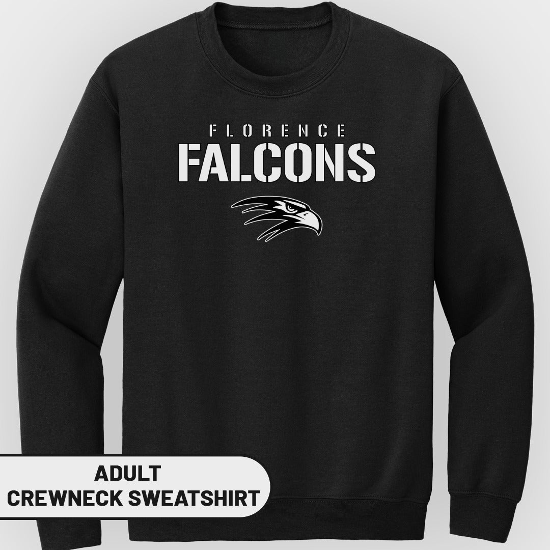 Black adult crewneck sweatshirt with "FLORENCE FALCONS" and eagle logo.