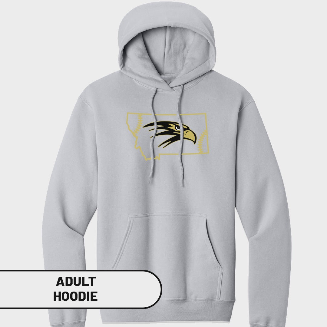 Light gray adult hoodie with Montana outline and eagle head logo.