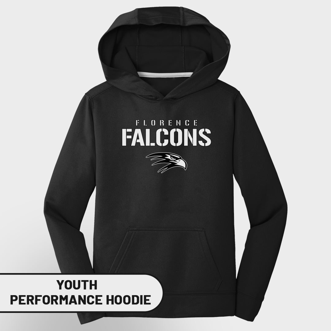 Black youth performance hoodie with Florence Falcons logo and text.