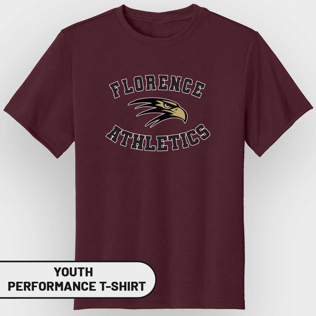 Maroon youth performance t-shirt with "Florence Athletics" and eagle logo.