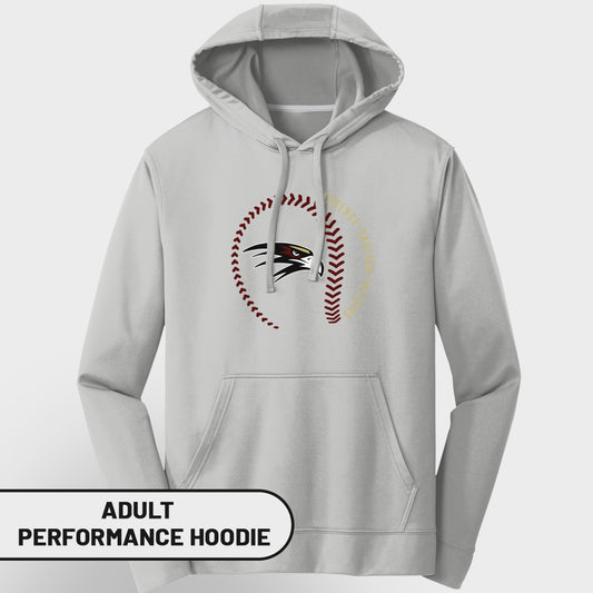 Light gray adult performance hoodie with baseball and hawk logo.