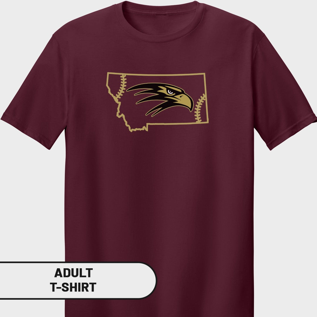 Maroon adult t-shirt with Montana map outline and eagle head logo.