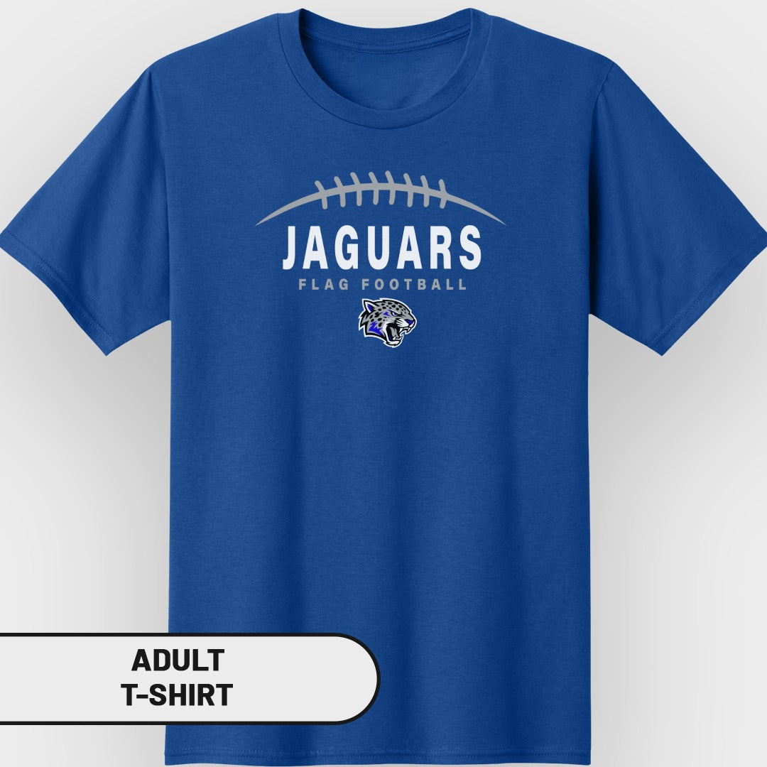 Blue adult t-shirt with "Jaguars Flag Football" and a jaguar logo.