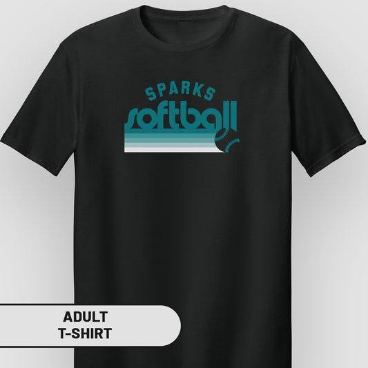 Black adult t-shirt with "SPARKS softball" text and baseball graphic.