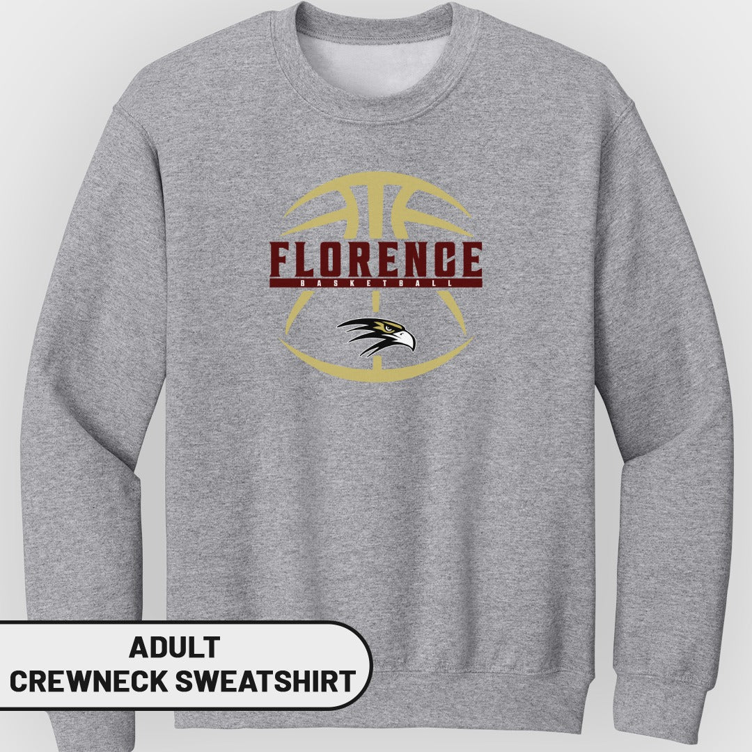Adult crewneck sweatshirt with Florence Basketball logo featuring an eagle.
