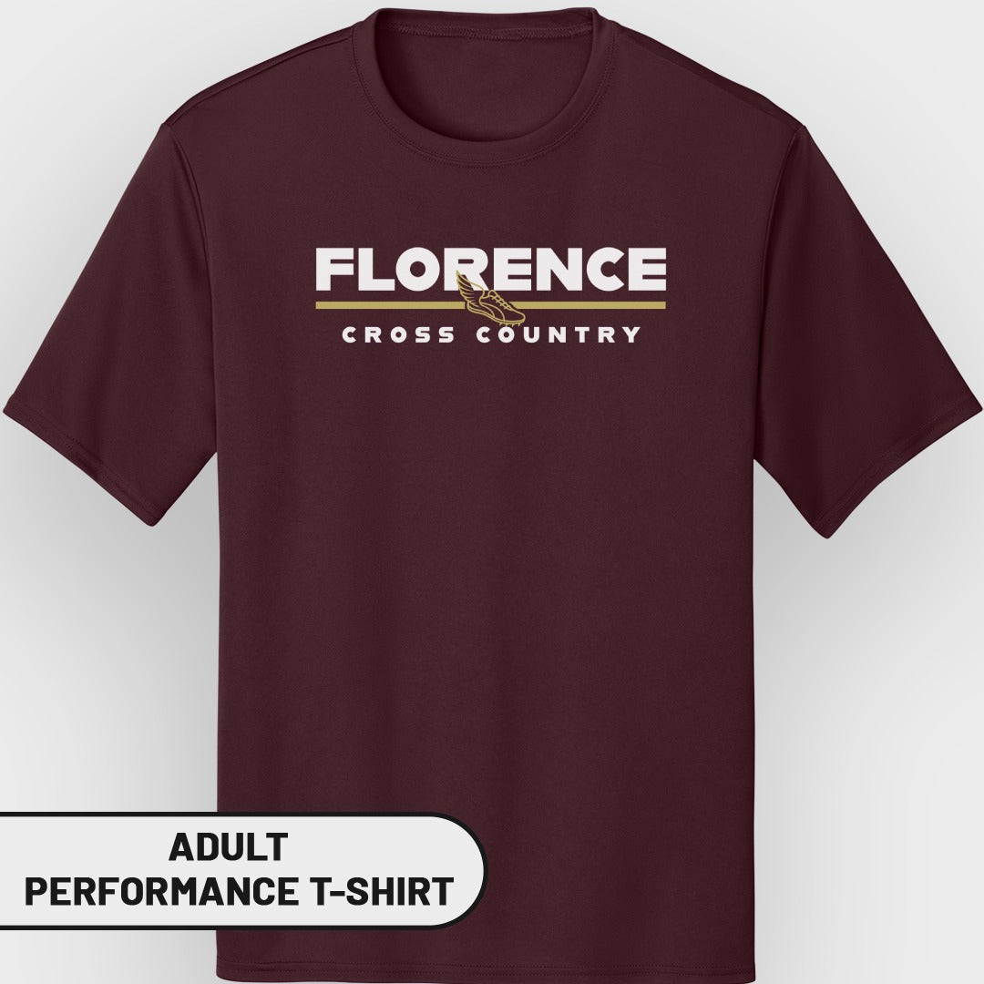 Maroon adult performance t-shirt with "Florence Cross Country" text and running shoe graphic.
