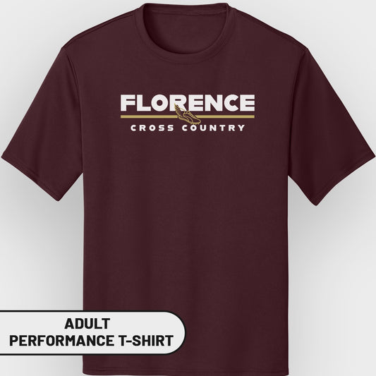 Maroon adult performance t-shirt with "Florence Cross Country" text and running shoe graphic.