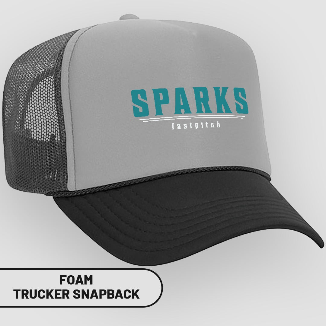 Grey and black trucker hat with "SPARKS fastpitch" logo.