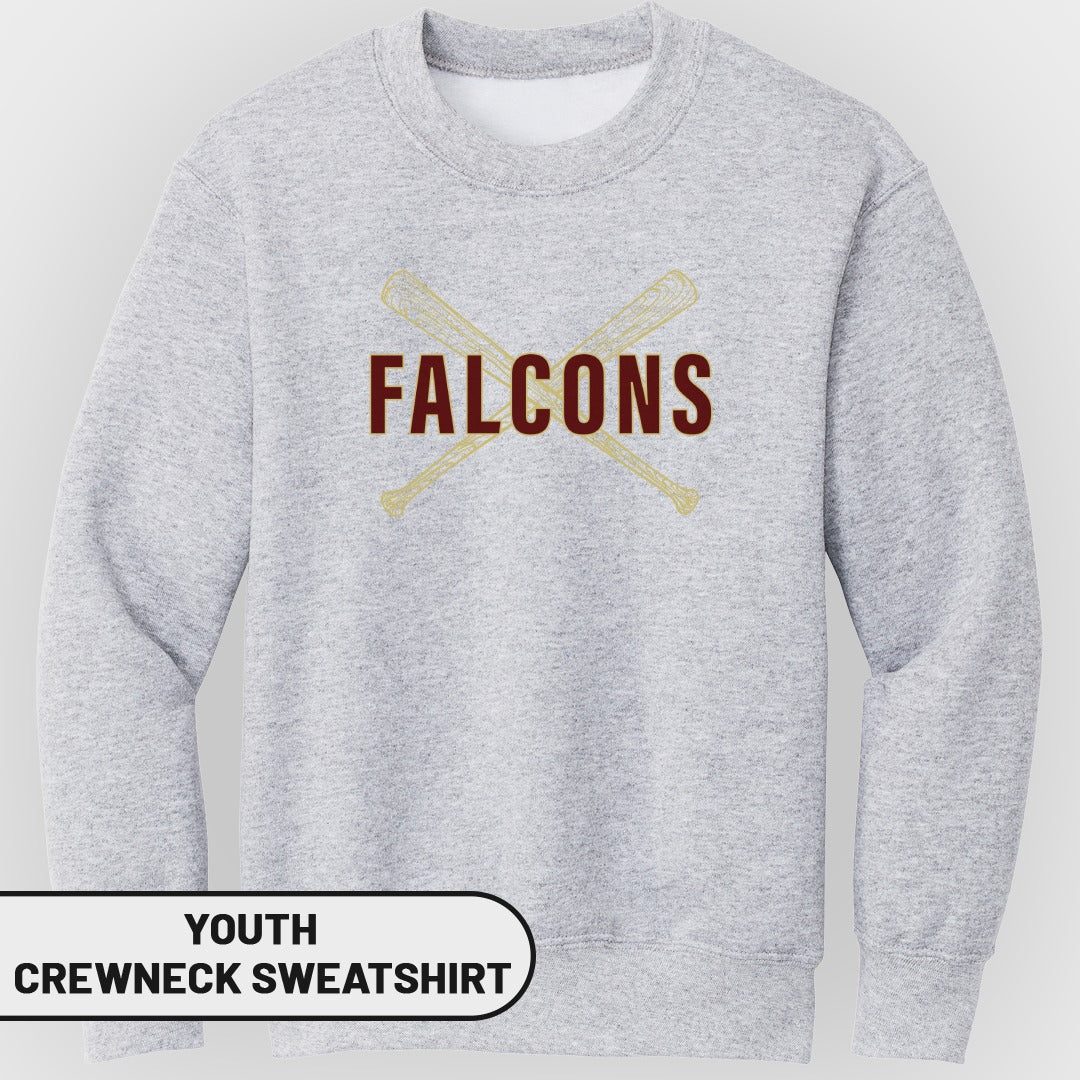 Light grey youth crewneck sweatshirt with "FALCONS" and crossed baseball bats graphic.