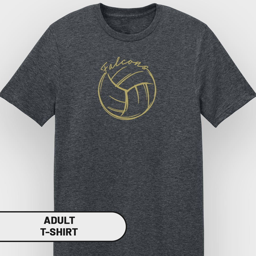 Dark grey adult t-shirt with a gold volleyball and "Falcons" graphic.