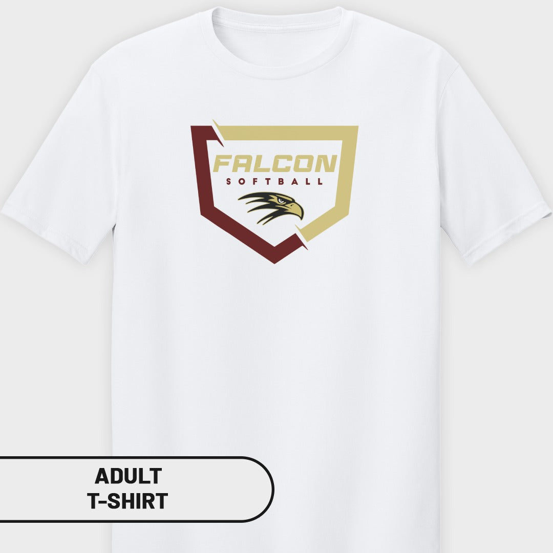 White adult t-shirt with Falcon Softball logo and eagle emblem.