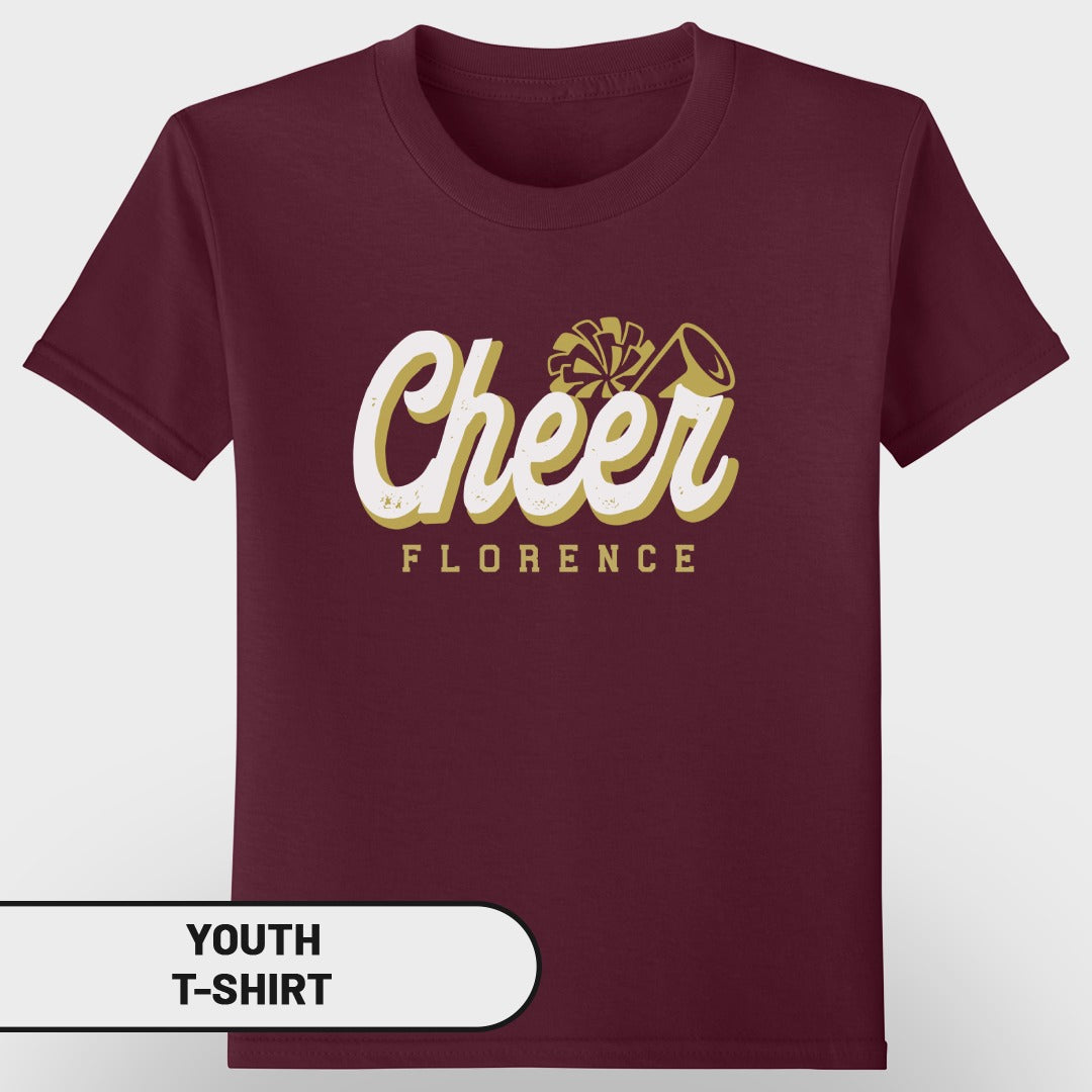 Maroon youth t-shirt with "Cheer Florence" text and graphics.