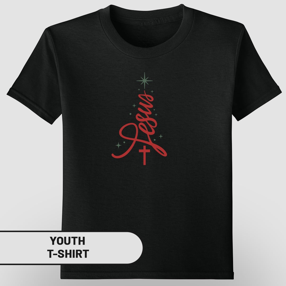 Black T-Shirt with Religious Jesus Tree Design Youth T-Shirt