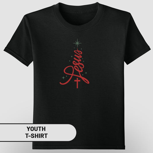 Black T-Shirt with Religious Jesus Tree Design Youth T-Shirt