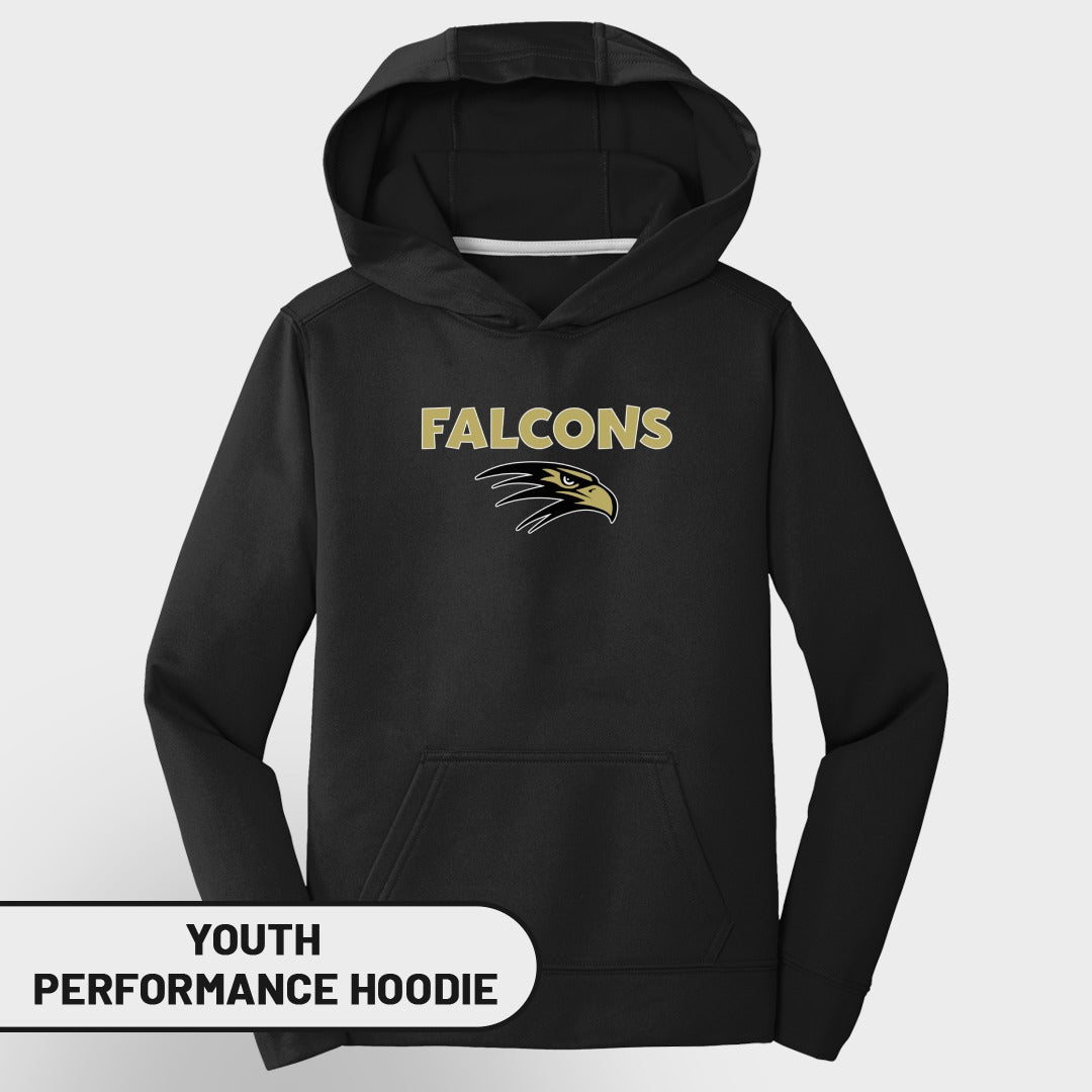 Black youth performance hoodie with "FALCONS" text and eagle logo.