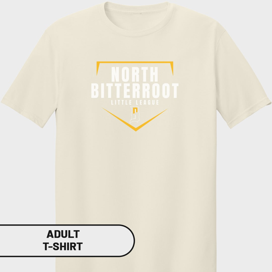 Cream t-shirt with "North Bitterroot Little League" logo in yellow.