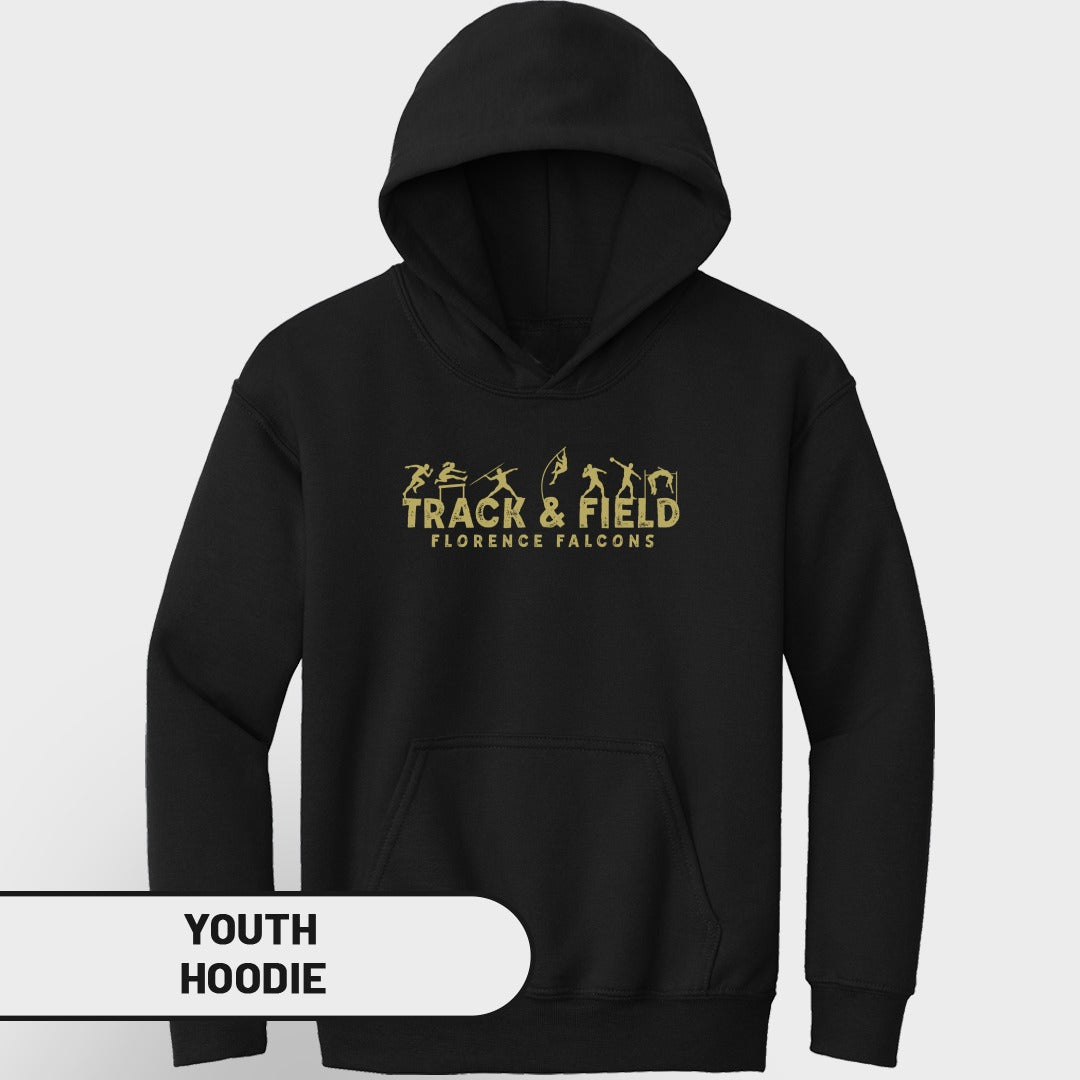 Black youth hoodie with gold "Track & Field Florence Falcons" text and athletic silhouettes.