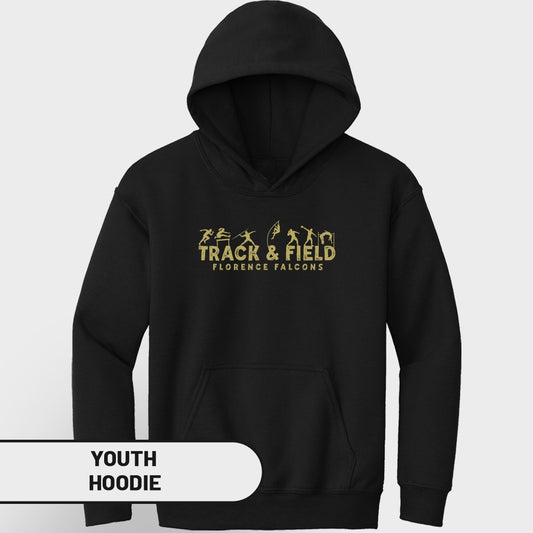 Black youth hoodie with gold "Track & Field Florence Falcons" text and athletic silhouettes.