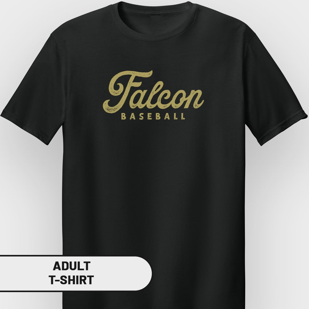 Black adult t-shirt with gold "Falcon BASEBALL" text.