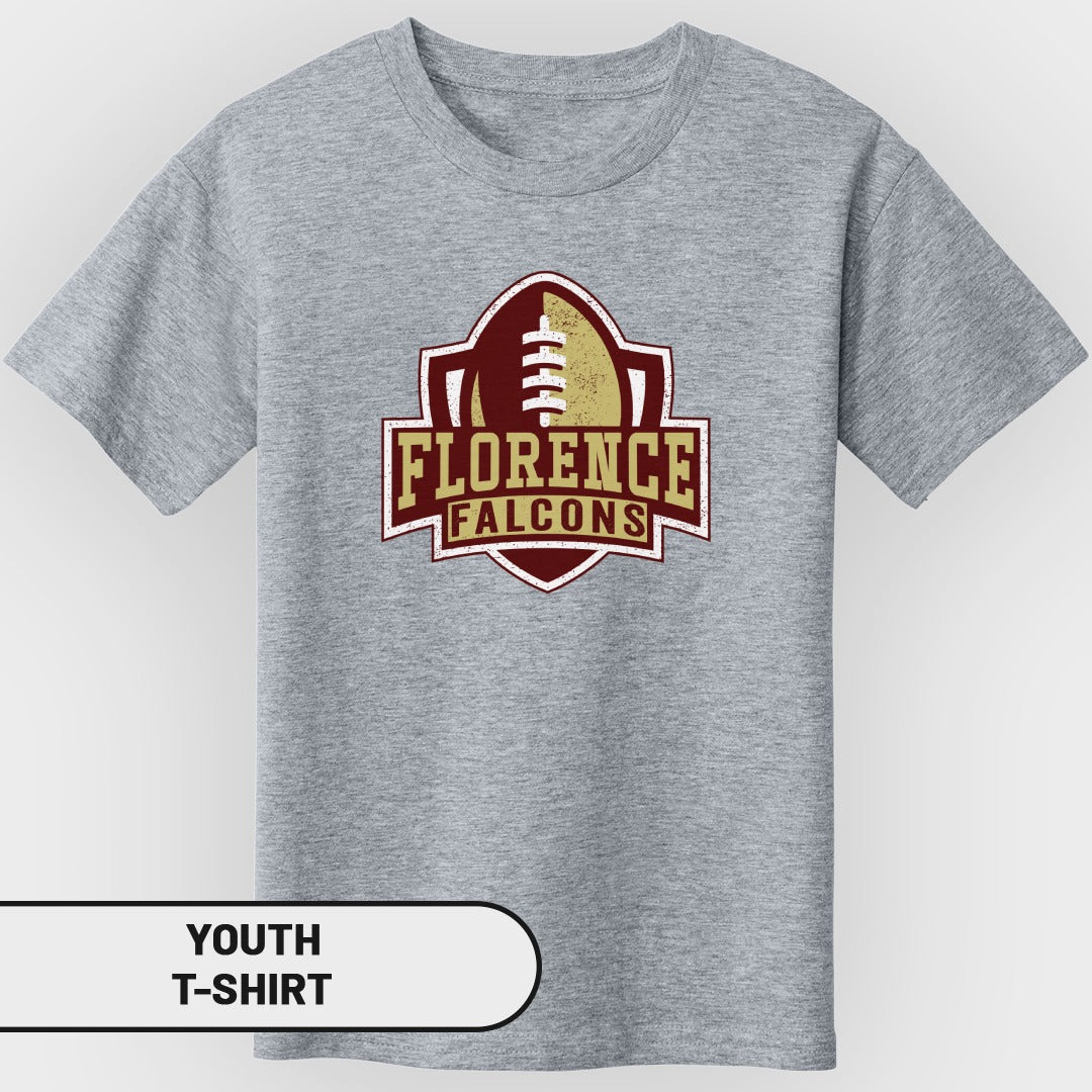 Grey youth t-shirt with Florence Falcons football team logo.