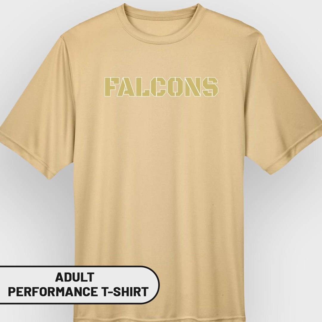 Tan adult performance t-shirt with "FALCONS" text.