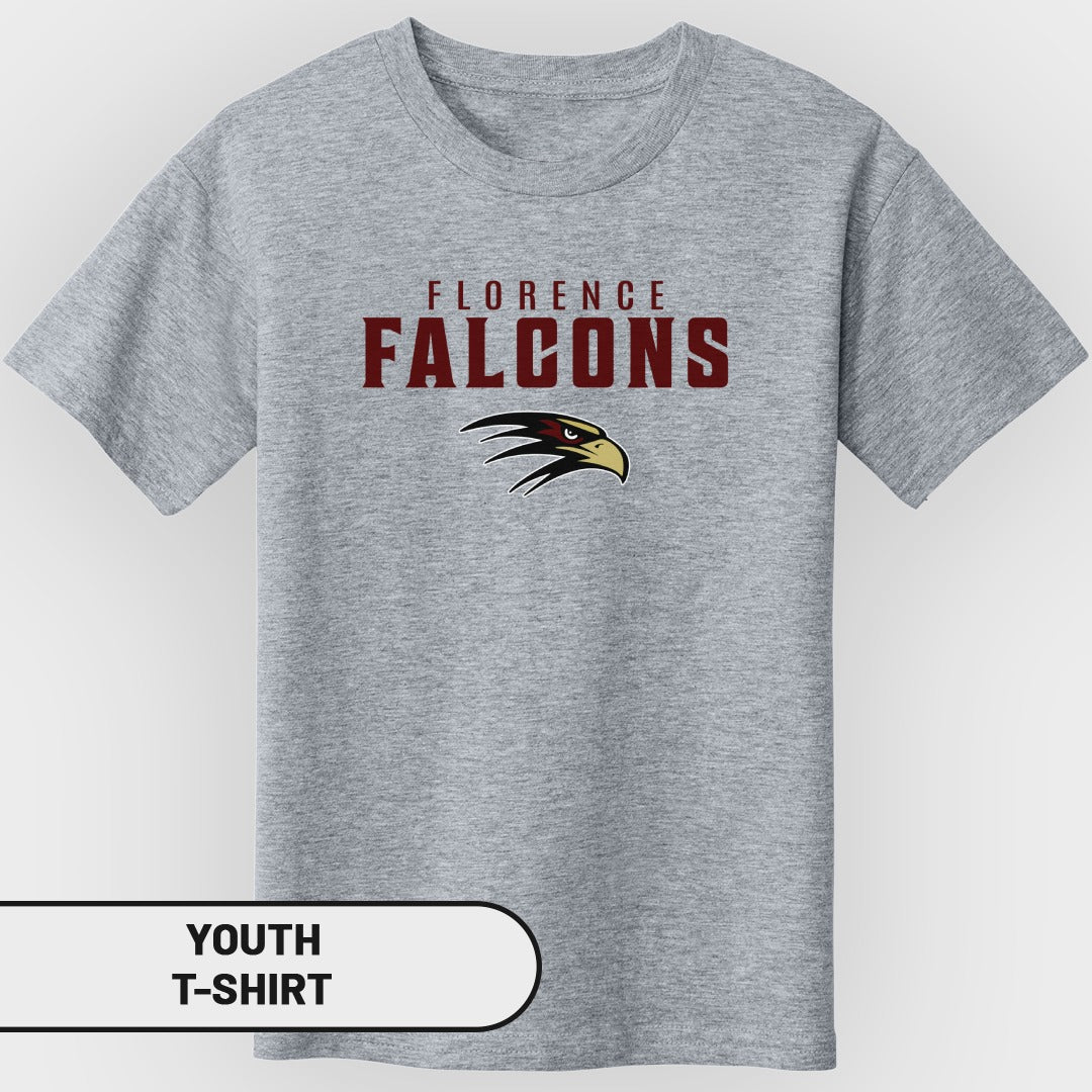 Grey youth t-shirt with "Florence Falcons" text and falcon logo.