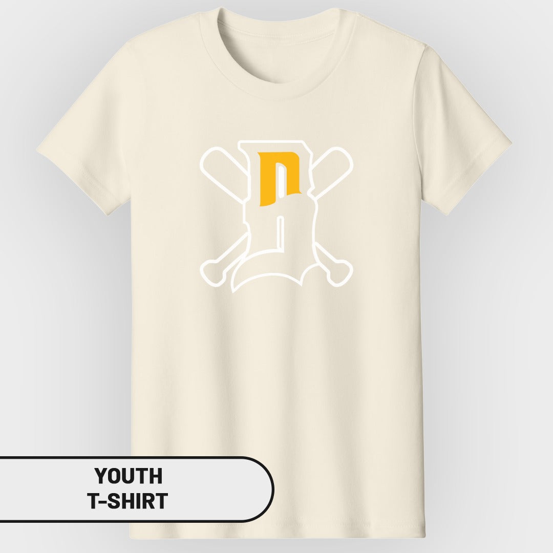 Cream youth t-shirt with white and yellow baseball bat logo.