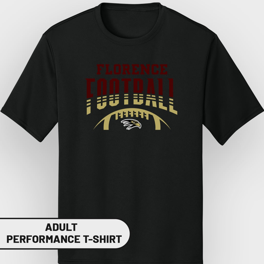 Black adult performance t-shirt with "FLORENCE FOOTBALL" text and eagle logo.