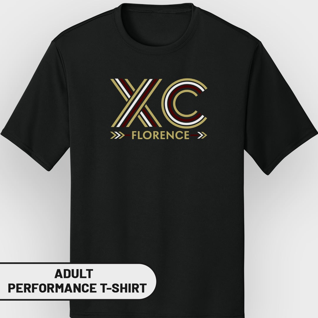 Black t-shirt with "XC FLORENCE" text and graphic design.