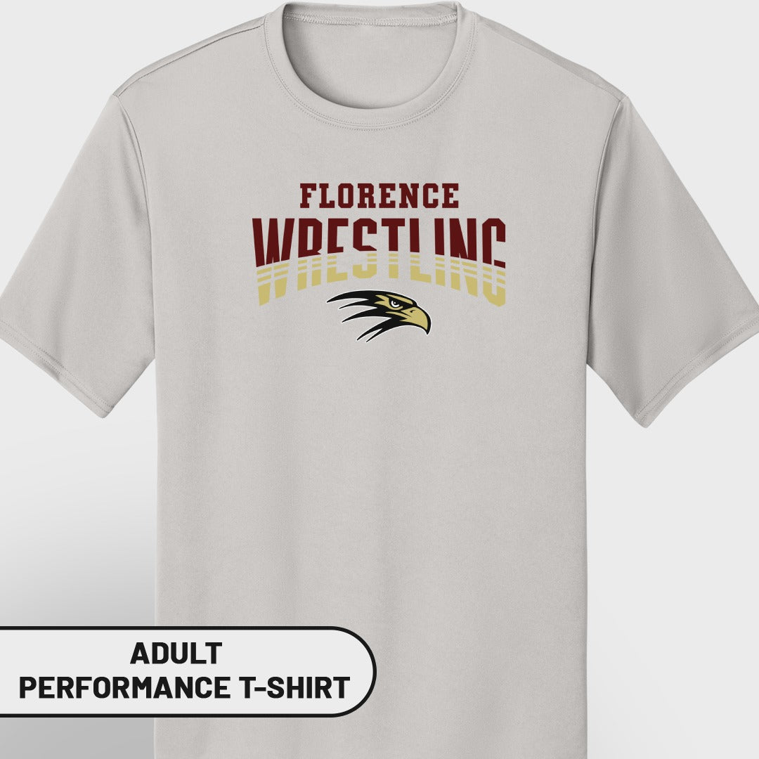 Light gray adult performance t-shirt with "Florence Wrestling" and an eagle graphic.