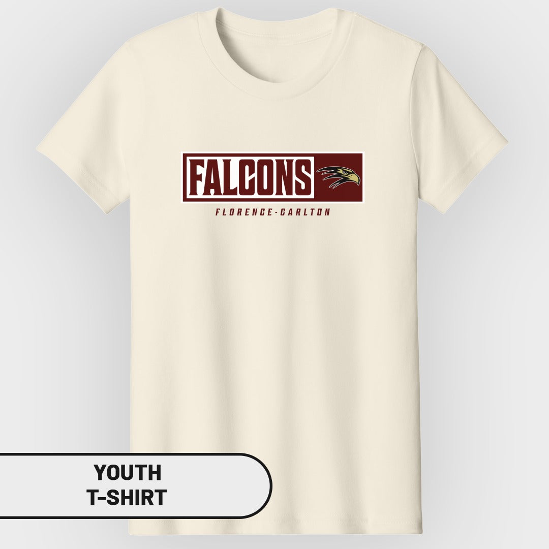 Cream youth t-shirt with "FALCONS FLORENCE-CARLTON" text and falcon logo.
