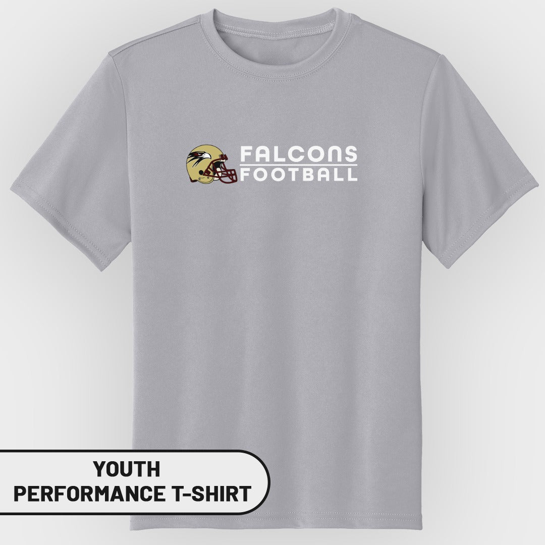 Gray youth performance t-shirt with Falcons Football logo and helmet.