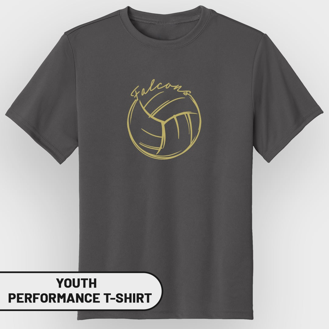 Dark gray youth performance t-shirt with gold volleyball and "Falcons" graphic.