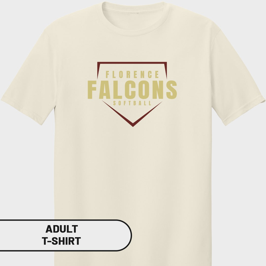 Cream adult t-shirt with Florence Falcons softball logo.