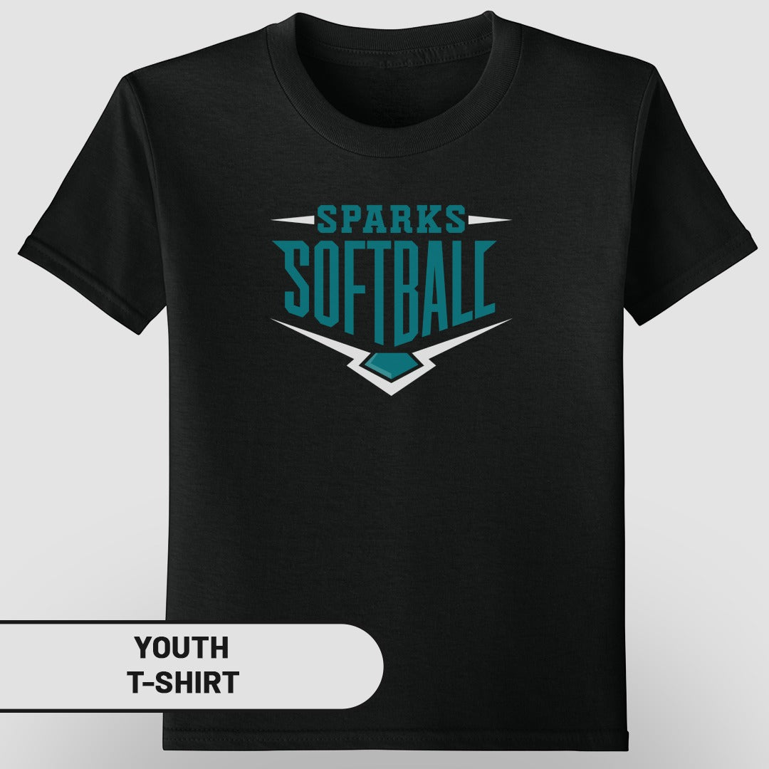 Black youth t-shirt with a teal and white "Sparks Softball" logo.