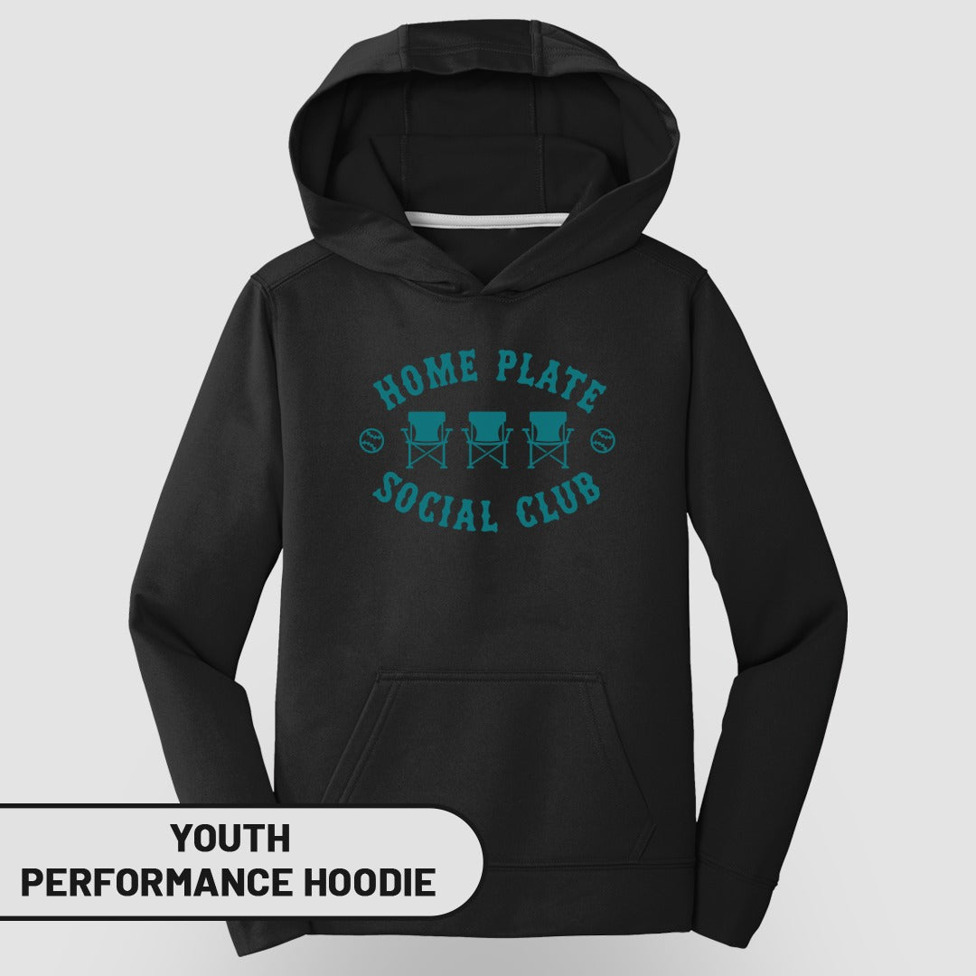 Black youth performance hoodie with "Home Plate Social Club" graphic.