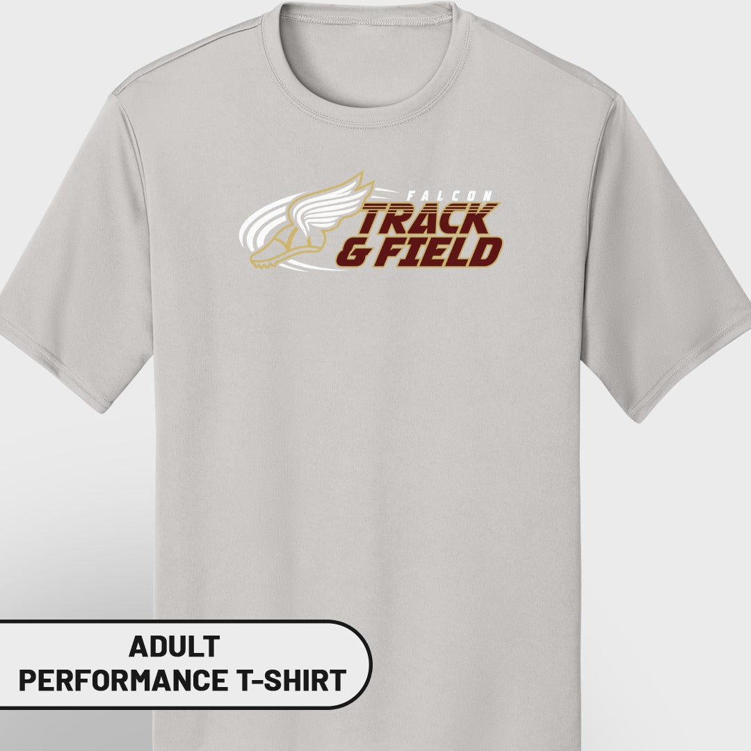 Light gray adult performance t-shirt with Falcon Track & Field logo.