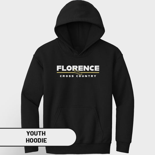 Black youth hoodie with "FLORENCE CROSS COUNTRY" text and running shoe graphic.