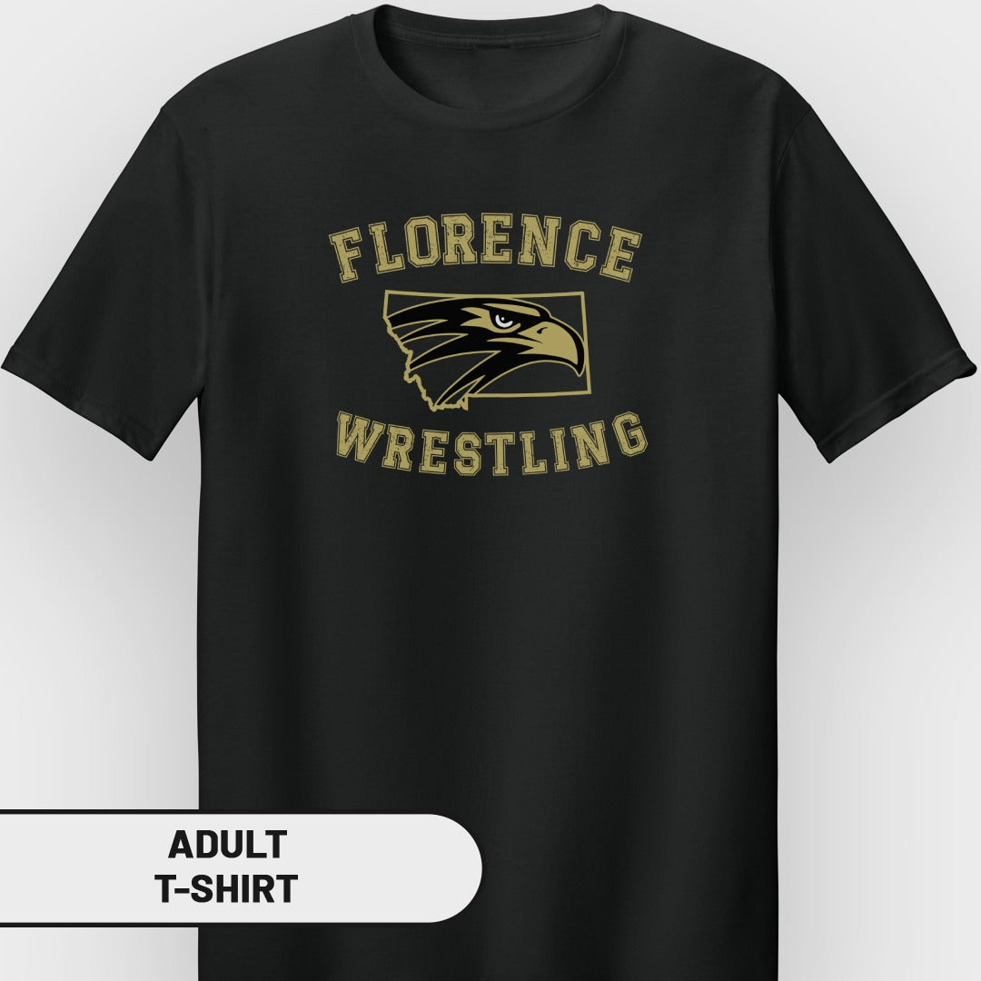 Black t-shirt with gold "FLORENCE WRESTLING" text and eagle graphic.