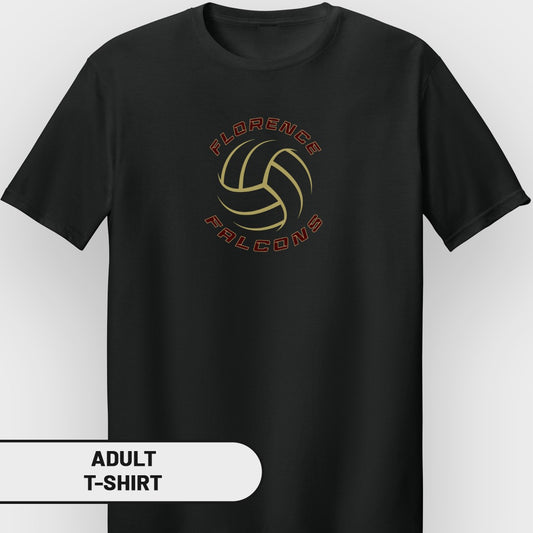 Black adult t-shirt with Florence Falcons volleyball logo.