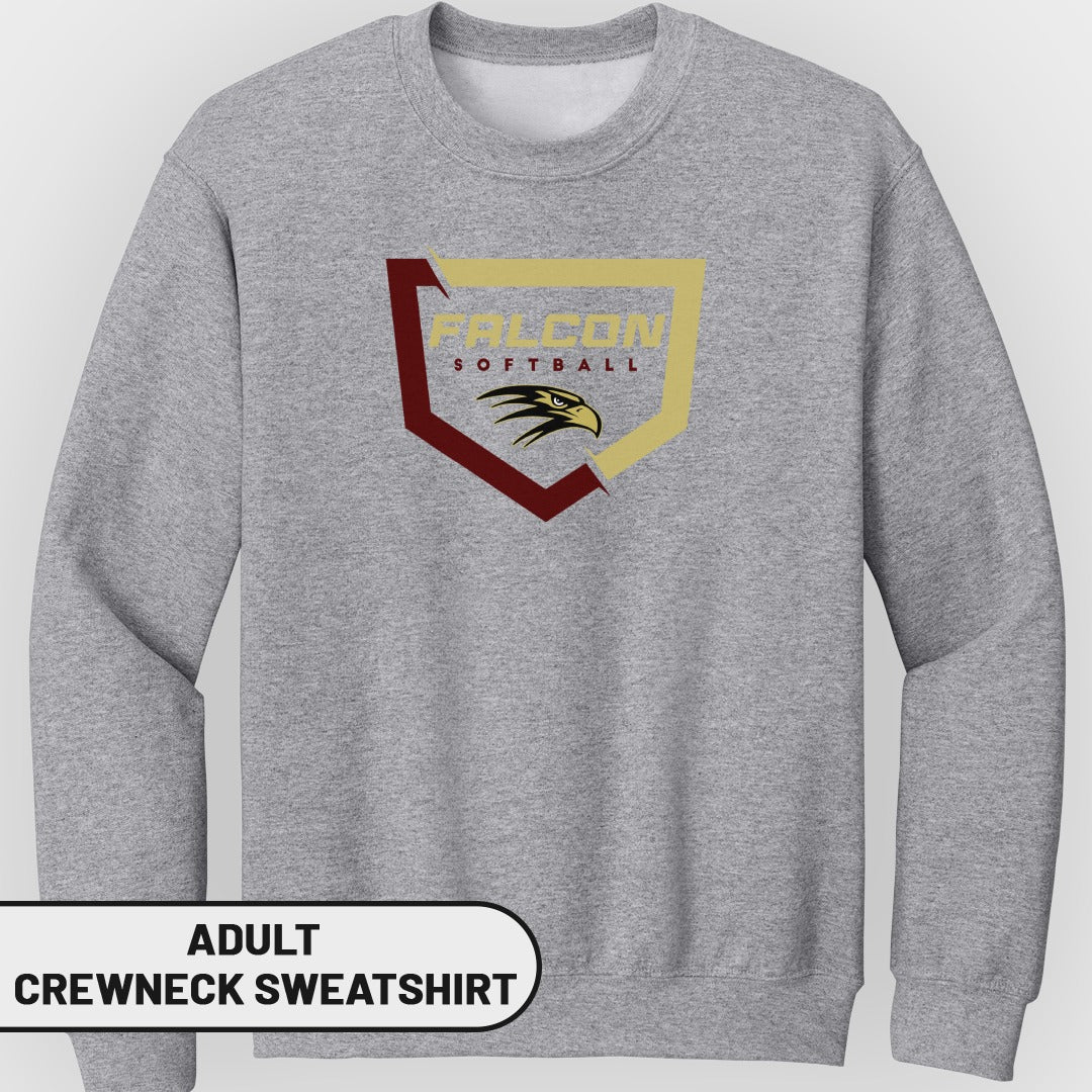Grey adult crewneck sweatshirt with Falcon Softball logo and eagle graphic.