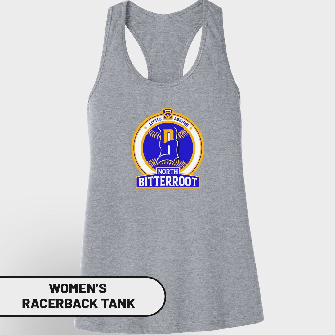 Women's gray Little League North Bitterroot racerback tank.